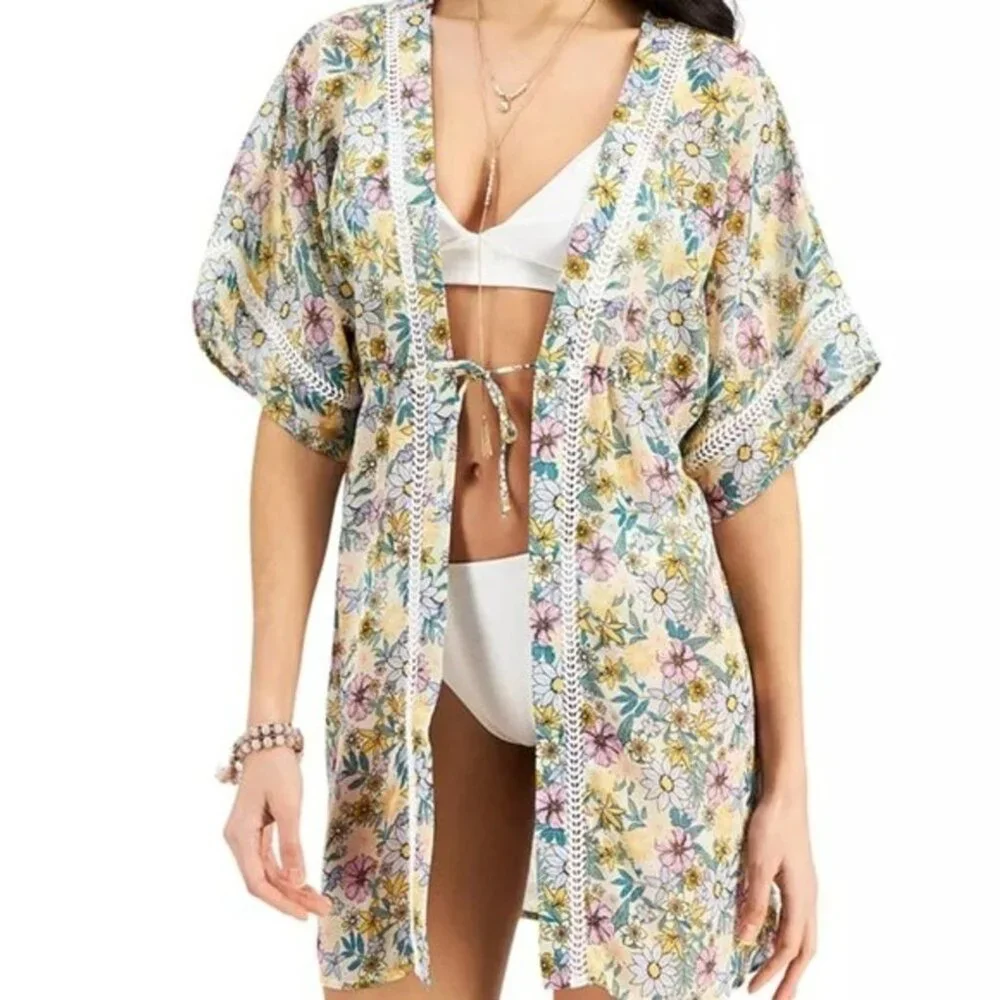 Miken S Kimono Swim Cover up Angora Lavender Retro Floral Eyelet Lace Swimwear